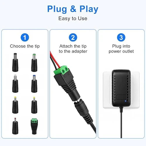 12V 24W Wall Plug LED Adapter, AC 100–240V Input Black Housing with US Plug Power Supply - for LED Strip Lights, Routers and Electronic Devices