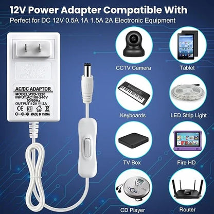 DC 12V Wall Plug LED Adapter with On/Off Switch, 24W/36W Options, US Plug, White Housing, 100–240V AC Input Wall Plug LED Adapter - for LED Strip Lights and Electronic Devices