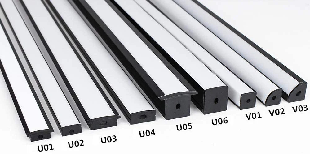 U Shape LED Channel - U02-B 12mm Silver / Black Aluminum Profile | Milky White Cover | Standard LED Mounting Channel – 1m / 2m / 3m | 50 / 100-Pack