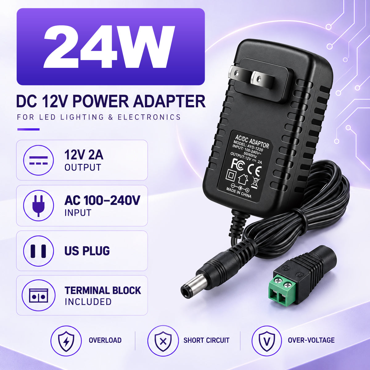 12V 24W Wall Plug LED Adapter, AC 100–240V Input Black Housing with US Plug Power Supply - for LED Strip Lights, Routers and Electronic Devices