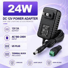 12V 24W Wall Plug LED Adapter, AC 100–240V Input Black Housing with US Plug Power Supply - for LED Strip Lights, Routers and Electronic Devices