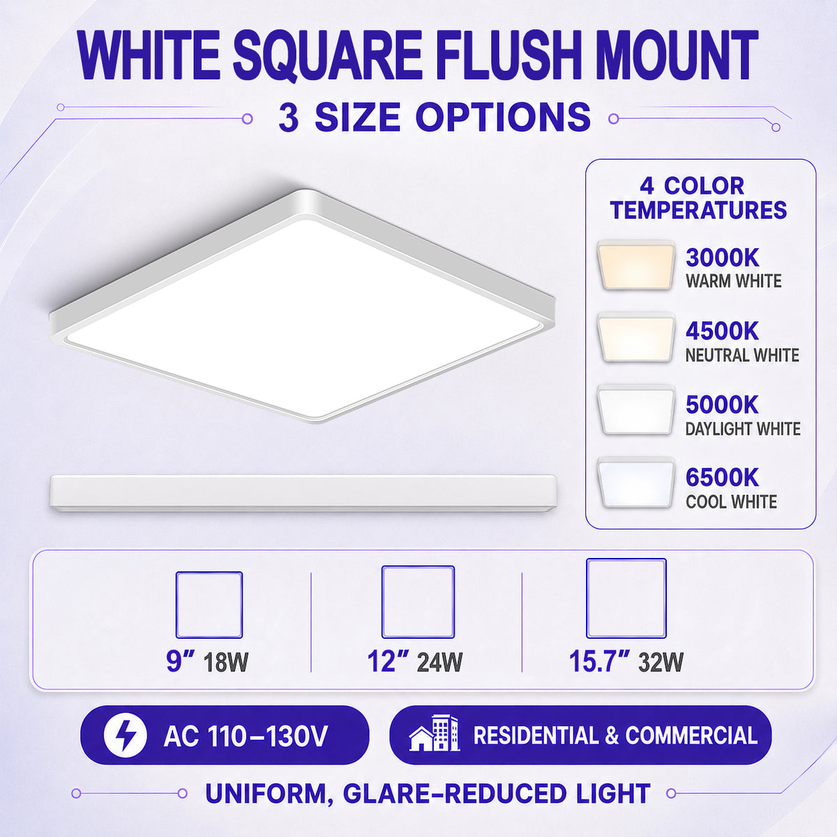 AC 110–130V White Square Flush Mount LED Ceiling Lights – 9 / 12 / 15.7 Inch – 3000K / 4500K / 5000K / 6500K – for Residential & Commercial Lighting – Local Stock (US)
