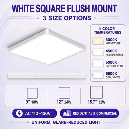 AC 110–130V White Square Flush Mount LED Ceiling Lights – 9 / 12 / 15.7 Inch – 3000K / 4500K / 5000K / 6500K – for Residential & Commercial Lighting – Local Stock (US)