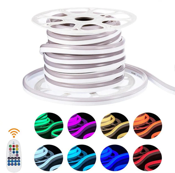High Voltage RGB LED Neon Rope Light – 10x20mm | SMD5050 60 LEDs/M | AC110V / 220V Flexible Neon LED Strip | 12W/M | IP65 Waterproof Cuttable Neon Flex for Indoor & Outdoor Accent & Decorative Lighting | with Remote Control & Power Plug | 50/100M