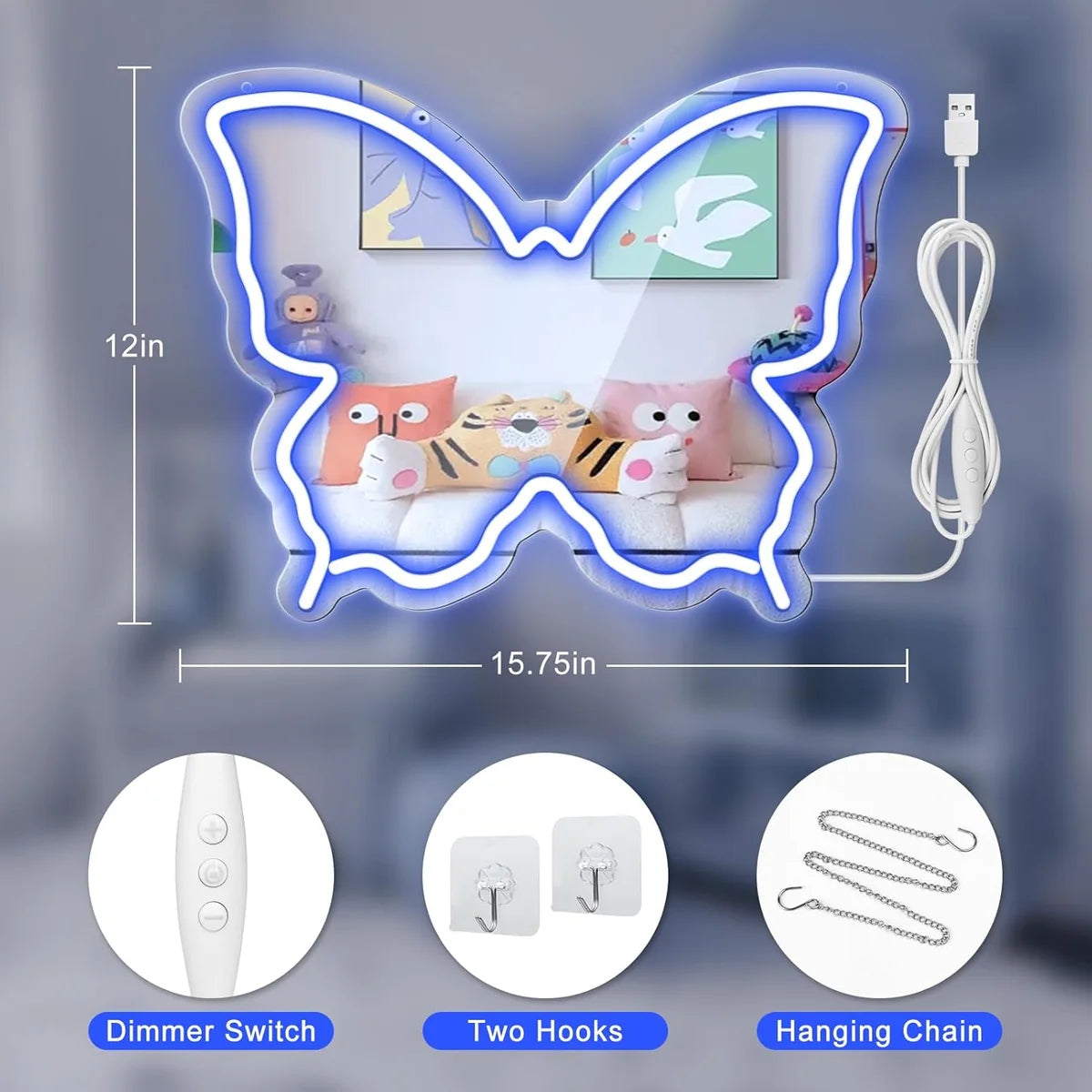 Blue Butterfly LED Vanity Signs – 15.7×12 inch  Neon Outline | USB Powered | Perfect for Vanity Decor