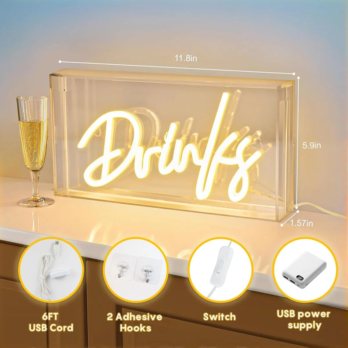 LED Light Box Signs – Rectangular 11.8x5.9 inch | Warm White/Pink | USB Powered | Tabletop Display | For Bedroom Decor, Coffee Corners, Lounge Areas & Entertainment Spaces