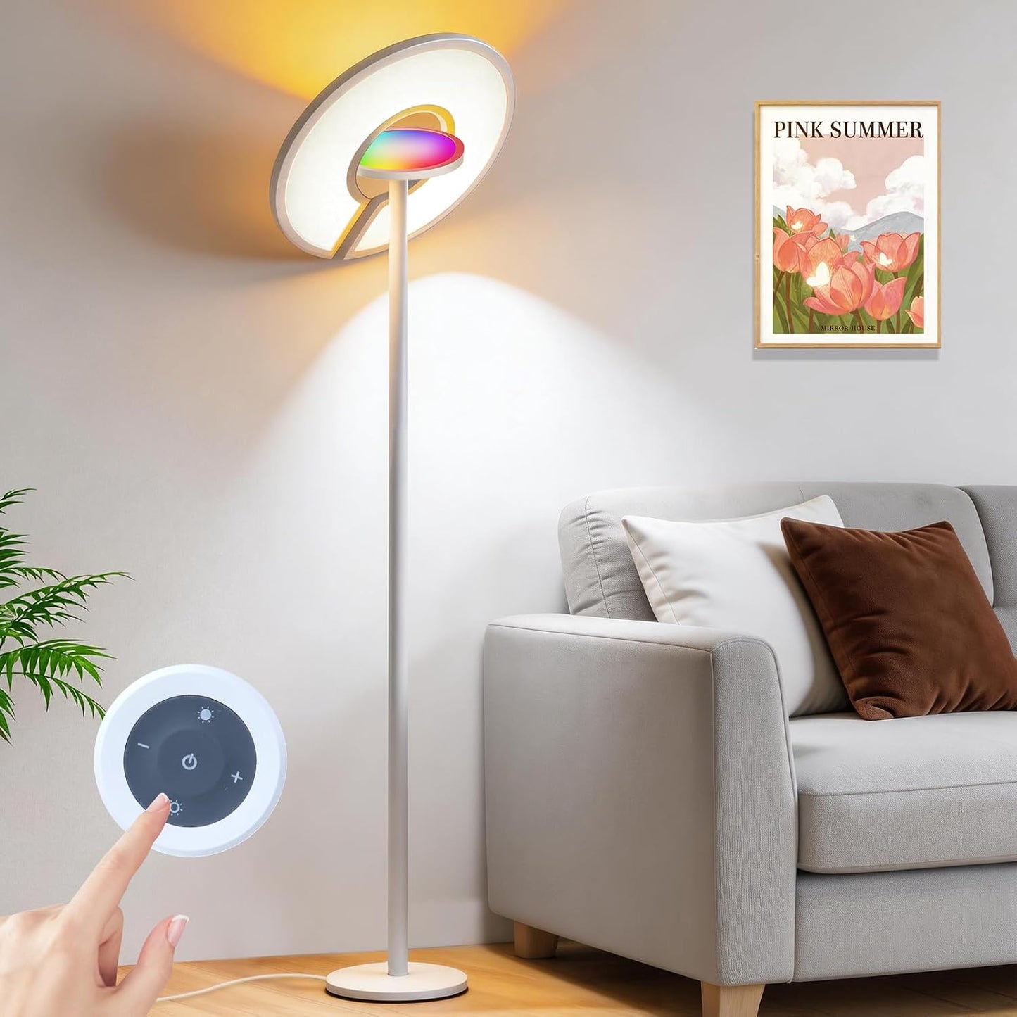 LED Floor Lamp | 40W+8W LED Standing Lamp | Dimmable Standing Lamp with RGB Ambient Light | 2800-6000K | Remote Control | 2M Tall for Living Room Bedroom Office | US & UK Stock