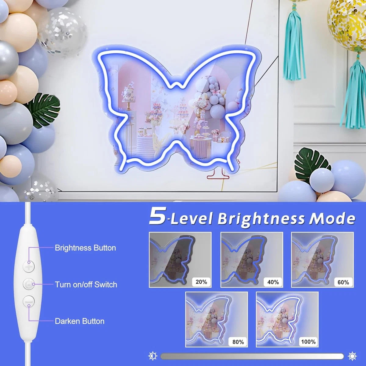 Blue Butterfly LED Vanity Signs – 15.7×12 inch  Neon Outline | USB Powered | Perfect for Vanity Decor