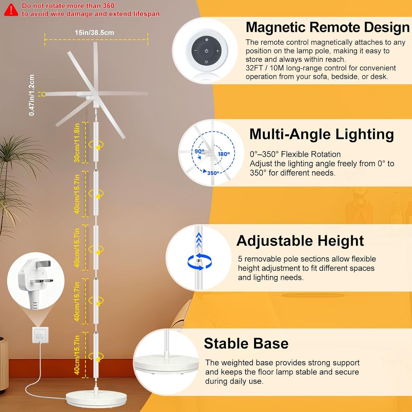 LED Floor Lamp | 40W+8W LED Standing Lamp | Dimmable Standing Lamp with RGB Ambient Light | 2800-6000K | Remote Control | 2M Tall for Living Room Bedroom Office | US & UK Stock