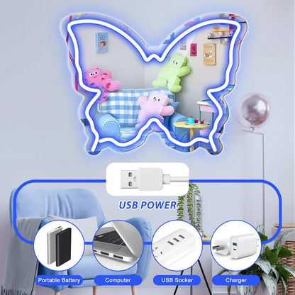Blue Butterfly LED Vanity Signs – 15.7×12 inch  Neon Outline | USB Powered | Perfect for Vanity Decor