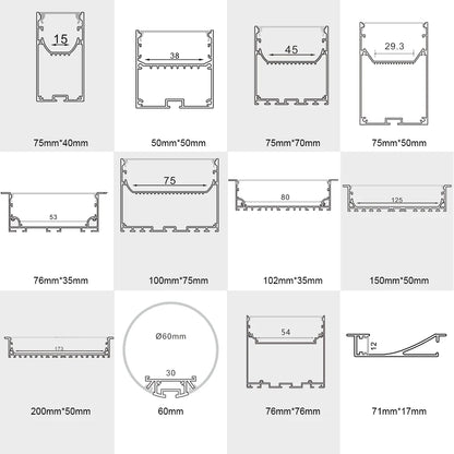 Wide Recessed LED Aluminum Profiles Kit H15050B – 125mm Inner Width | Silver | Milky White Cover | With Installation Accessories | Linear Flush-Mount Office Lighting – 1m / 2m | 10 / 20-Pack