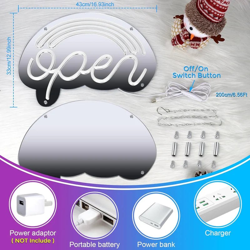 LED Open Neon Sign, Dimmable Open Signs for Business with ON/OFF Switch, 17"x12", 5V USB Powered Rainbow LED Neon Light Sign for Wall Decor, Shop, Bar, Home