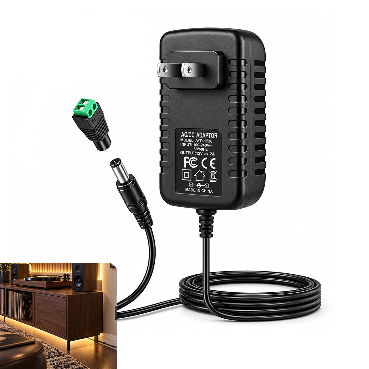 12V 24W Wall Plug LED Adapter, AC 100–240V Input Black Housing with US Plug Power Supply - for LED Strip Lights, Routers and Electronic Devices