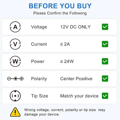 12V 24W Wall Plug LED Adapter, AC 100–240V Input Black Housing with US Plug Power Supply - for LED Strip Lights, Routers and Electronic Devices