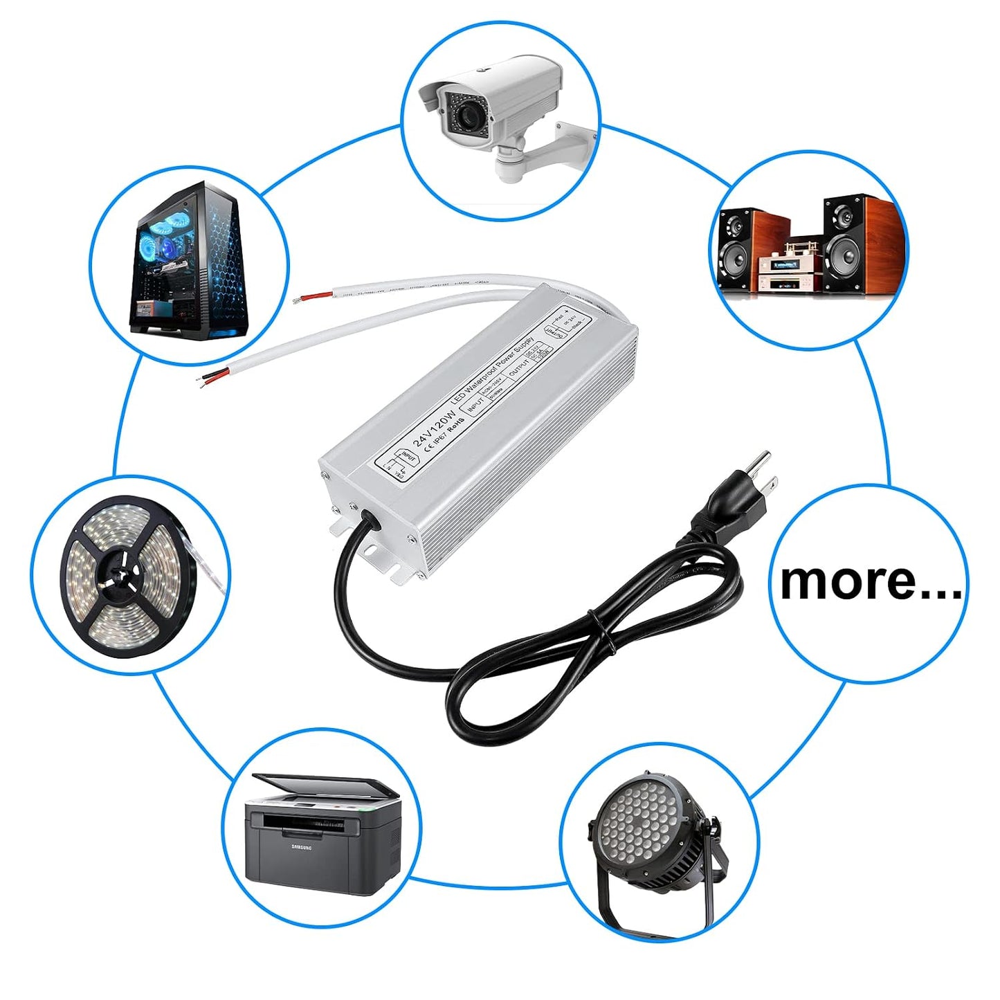 120W Outdoor Waterproof Power Supplies, 12V/24V Output, 90-265V Input, Dual Output, Aluminum Housing, Outdoor Lighting Projects, CE/RoHS/FCC Certified, US/UK/EU Plug, 1-Pack / 10-Pack
