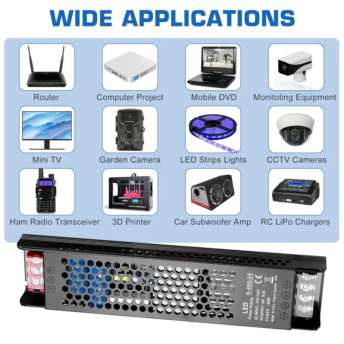 DC 24V 300W–400W Slim Black Industrial Switching Power Supplies, AC 120–130V/170–250V Input, LED Driver Transformer with Built-in Cooling Fan, CE/FCC/RoHS Certified