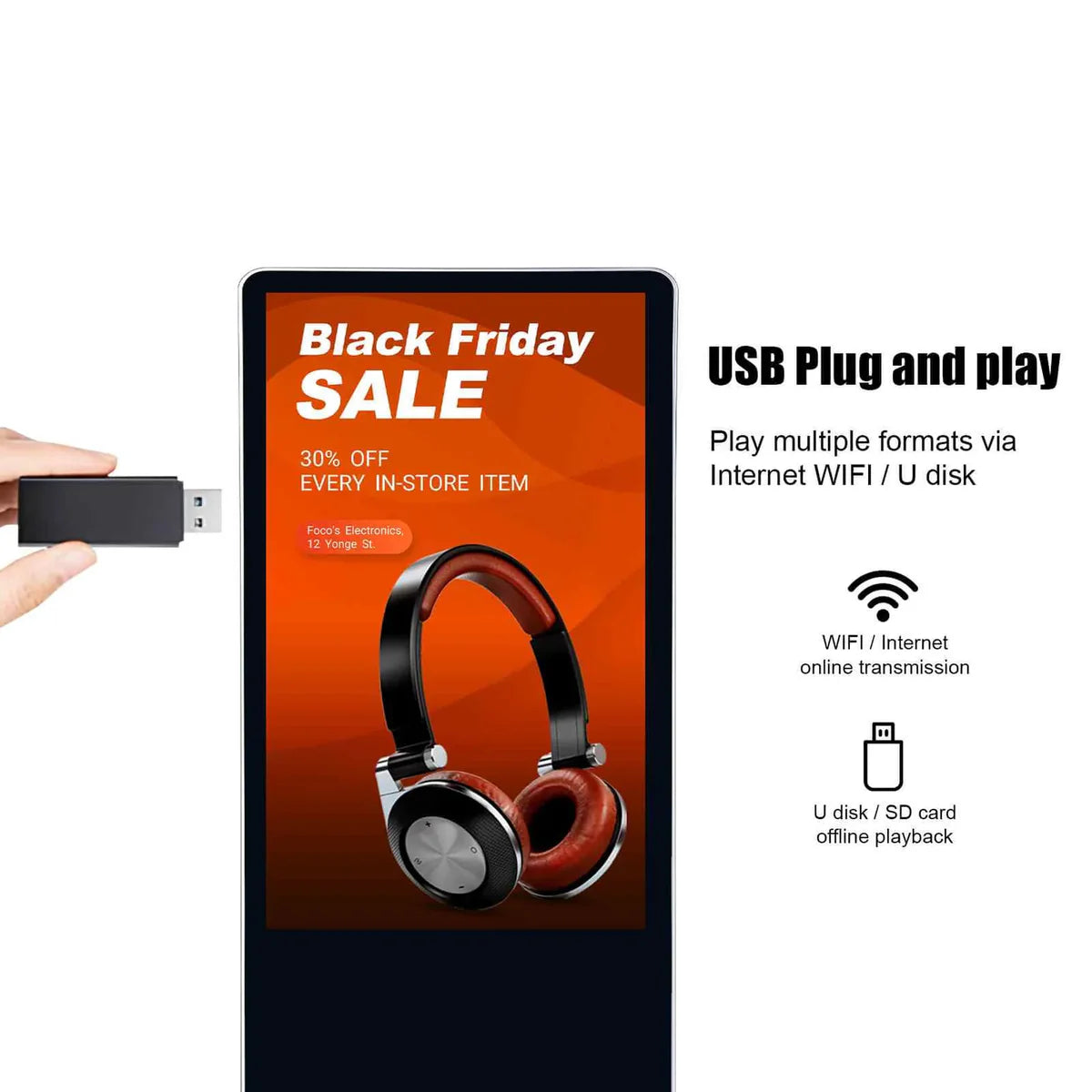 43‘’ Dual-Sided Indoor Floor-Standing LCD Advertising Display with Wheel Stand | Android RK3568 2GB+32GB | No Touch | CMS Preinstalled