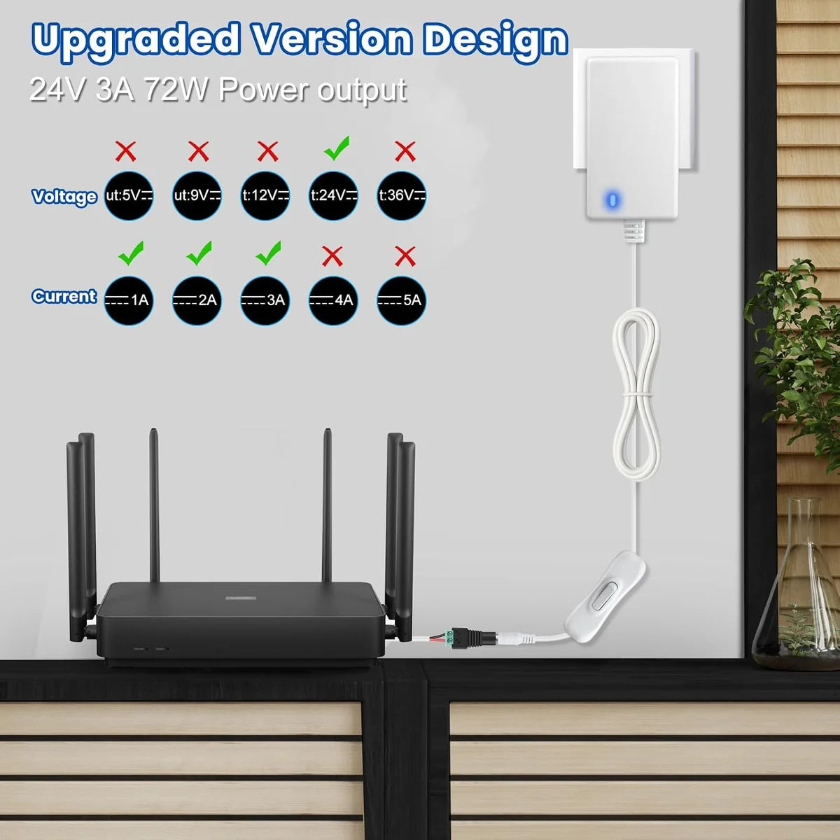 DC 24V Wall Plug LED Adapter with On/Off Switch, 48W/72W Options, US Plug, Black/White Housing, 100–240V AC Input Wall Plug LED Adapter - for LED Strip Lights and Electronics