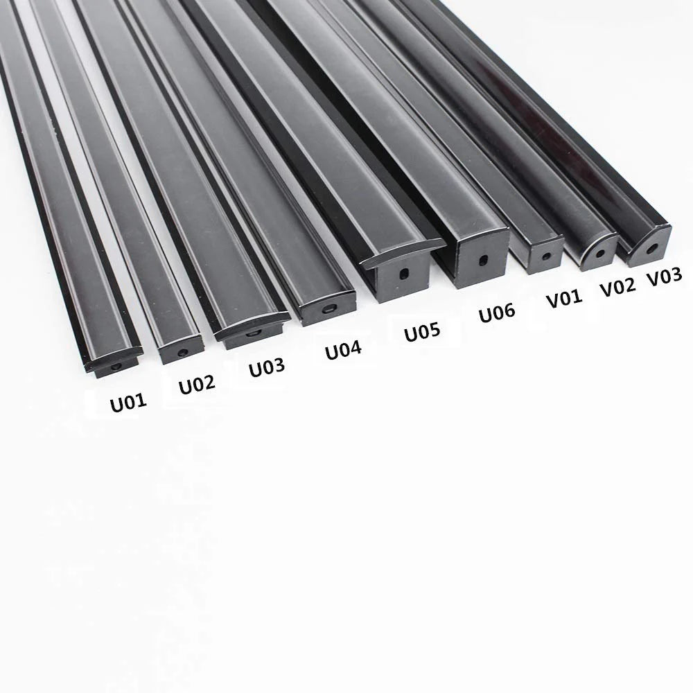 U Shape LED Channel - U02-B 12mm Silver / Black Aluminum Profile | Milky White Cover | Standard LED Mounting Channel – 1m / 2m / 3m | 50 / 100-Pack