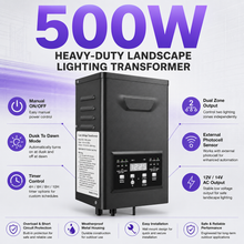 500W / 600W Dual Zone Outdoor Low Voltage Transformer, 120V to 12V/15V AC, Timer & External Photocell, Outdoor Lighting Power Supply for Yard, Garden & Patio Lighting