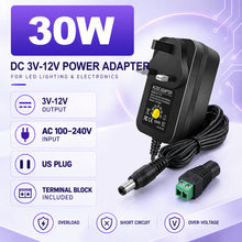 3V-12V 30W Wall Plug LED Adapter, AC 100–240V Input Black Housing with UK Plug Power Supply - for LED Strip Lights, Routers and Electronic Devices