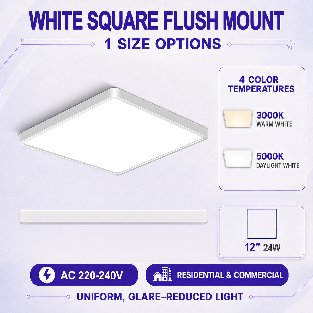AC 220–240V White Square Flush Mount LED Ceiling Lights – 12 Inch – 3000K / 5000K – for Residential & Commercial Lighting – Local Stock (UK)