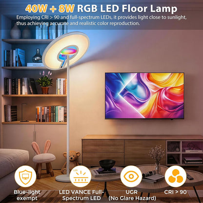LED Floor Lamp | 40W+8W LED Standing Lamp | Dimmable Standing Lamp with RGB Ambient Light | 2800-6000K | Remote Control | 2M Tall for Living Room Bedroom Office | US & UK Stock