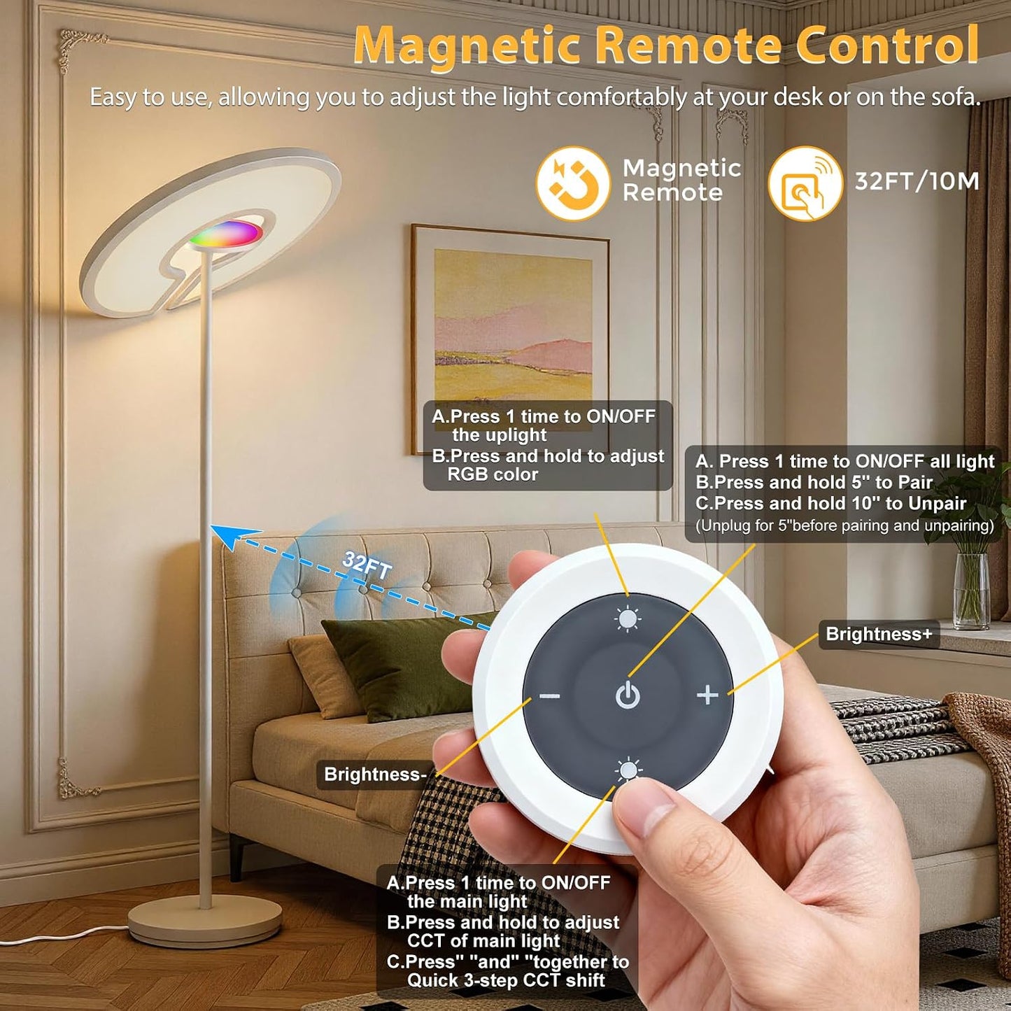 LED Floor Lamp | 40W+8W LED Standing Lamp | Dimmable Standing Lamp with RGB Ambient Light | 2800-6000K | Remote Control | 2M Tall for Living Room Bedroom Office | US & UK Stock