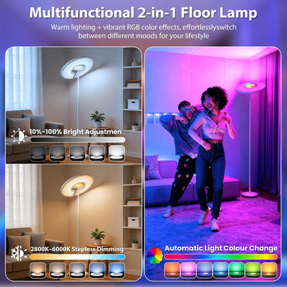 LED Floor Lamp | 40W+8W LED Standing Lamp | Dimmable Standing Lamp with RGB Ambient Light | 2800-6000K | Remote Control | 2M Tall for Living Room Bedroom Office | US & UK Stock