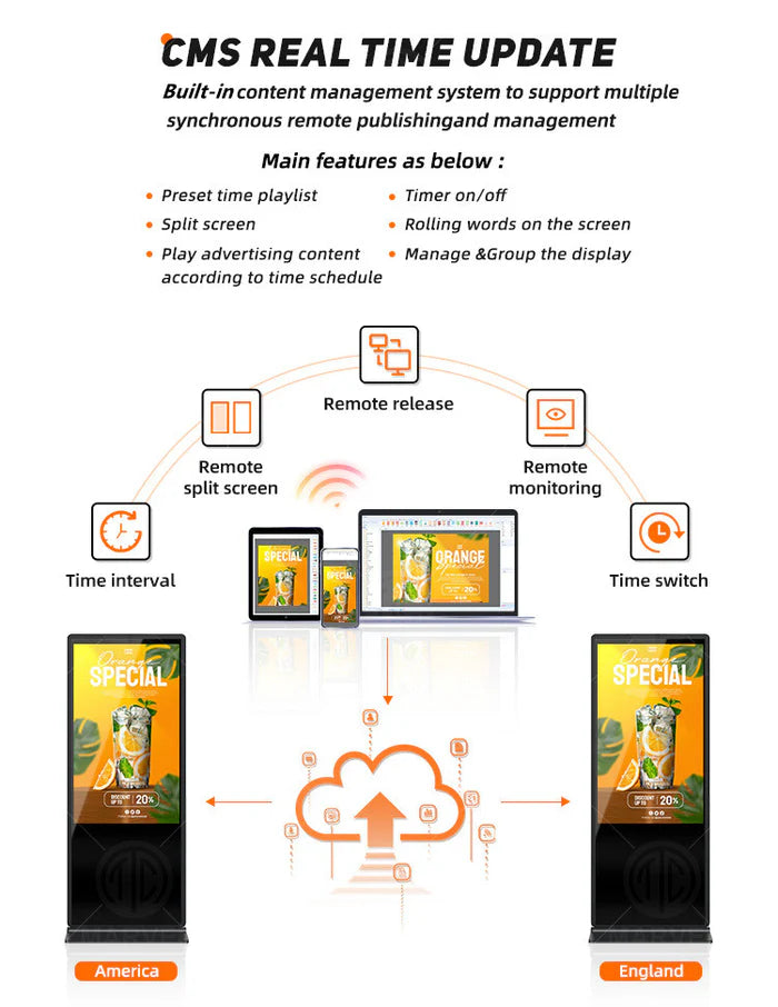 43‘’ Dual-Sided Indoor Floor-Standing LCD Advertising Display with Wheel Stand | Android RK3568 2GB+32GB | No Touch | CMS Preinstalled