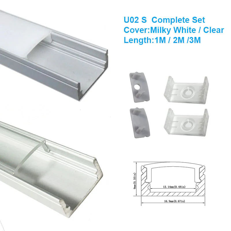 U Shape LED Channel - U02-A 12mm Silver / Black Aluminum Profile | Milky White Cover | Heavy-Duty LED Mounting Track – 1m / 2m / 3m | 50 / 100-Pack