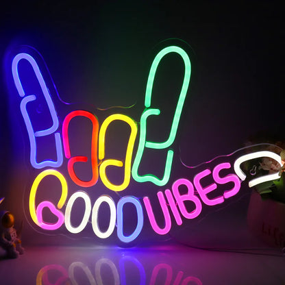 LightingWill "Good Vibes" Neon Sign – Dimmable LED Finger Light, USB Powered Wall Decor for Game Rooms, Bars, Weddings & More