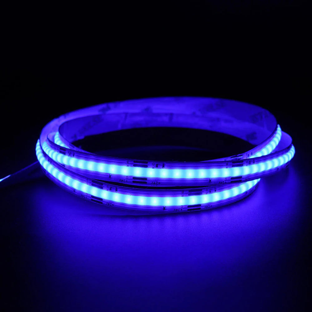 RGB Color Changing FCOB LED Strip Light | 5m (16.4ft) Roll | 576 / 840 LEDs per Meter | 12W / 18W | 12V / 24V | 10mm Wide | Dimmable Indoor IP20 | Flexible LED Ribbon (Strip or Complete Kit)