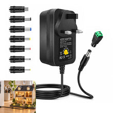 3V-12V 30W Wall Plug LED Adapter, AC 100–240V Input Black Housing with UK Plug Power Supply - for LED Strip Lights, Routers and Electronic Devices