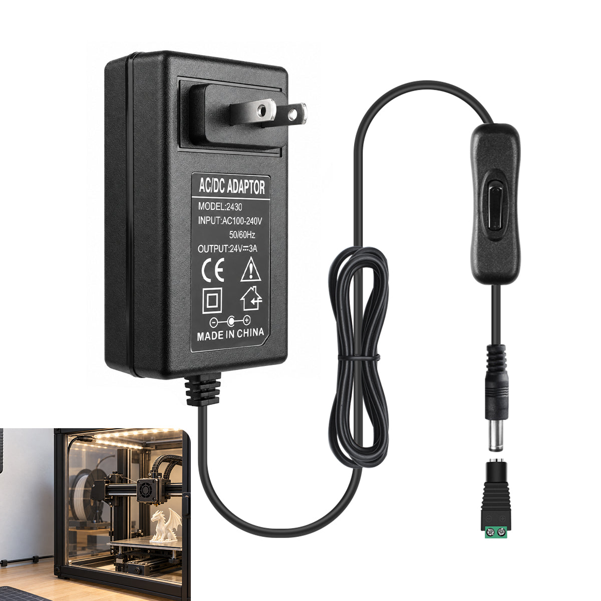 DC 24V Wall Plug LED Adapter with On/Off Switch, 48W/72W Options, US Plug, Black/White Housing, 100–240V AC Input Wall Plug LED Adapter - for LED Strip Lights and Electronics