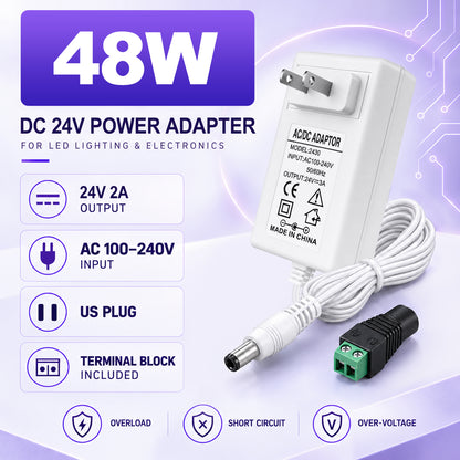 DC 24V Wall Plug LED Adapter with On/Off Switch, 48W/72W Options, US Plug, Black/White Housing, 100–240V AC Input Wall Plug LED Adapter - for LED Strip Lights and Electronics