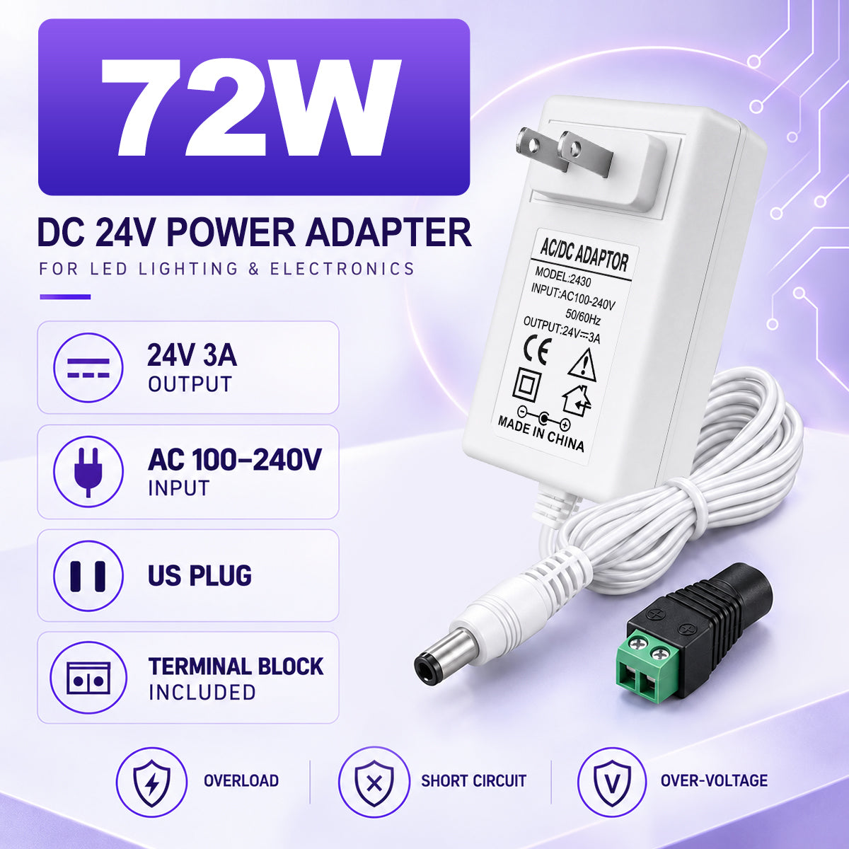 DC 24V Wall Plug LED Adapter with On/Off Switch, 48W/72W Options, US Plug, Black/White Housing, 100–240V AC Input Wall Plug LED Adapter - for LED Strip Lights and Electronics