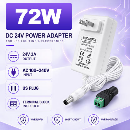 DC 24V Wall Plug LED Adapter with On/Off Switch, 48W/72W Options, US Plug, Black/White Housing, 100–240V AC Input Wall Plug LED Adapter - for LED Strip Lights and Electronics