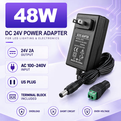 DC 24V Wall Plug LED Adapter with On/Off Switch, 48W/72W Options, US Plug, Black/White Housing, 100–240V AC Input Wall Plug LED Adapter - for LED Strip Lights and Electronics