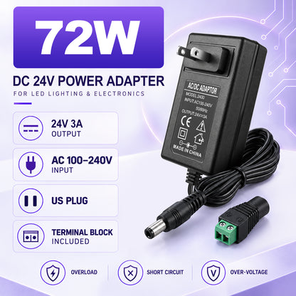 DC 24V Wall Plug LED Adapter with On/Off Switch, 48W/72W Options, US Plug, Black/White Housing, 100–240V AC Input Wall Plug LED Adapter - for LED Strip Lights and Electronics