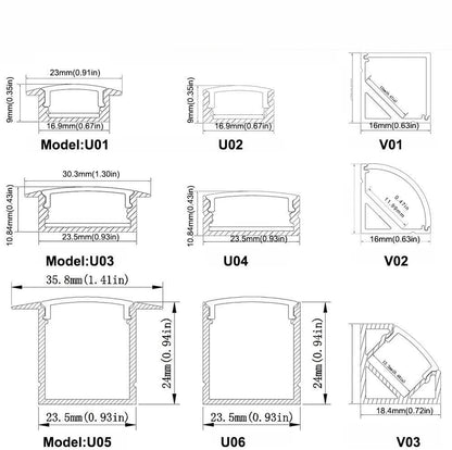 U Shape LED Channel - U01-A 12mm | Silver / Black Aluminum Profile | Milky White Cover | Heavy-Duty LED Mounting Track – 1m / 2m / 3m | 50 / 100-Pack