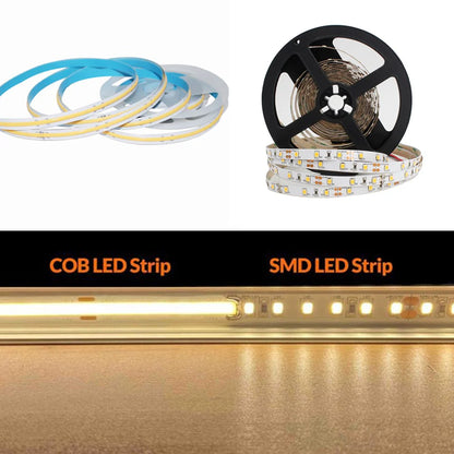 FCOB Flexible LED Strip Light | 5m (16.4ft) Roll | CRI90 | 3000K / 4000K / 6000K | 320 / 480 LEDs per Meter | 8W / 10W | 12V / 24V | 8mm Wide | Dimmable Indoor IP00 LED Ribbon
