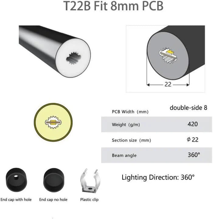 LS Series S22D Black Standard Install LED Neon Profile | ⏀22mm 360 Emitting commercial neon profile | IP67 Waterproof | 8mm PCB Width | Club Decorative Lighting | 5M/500M