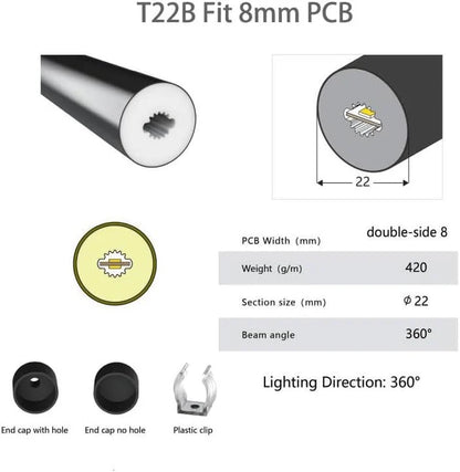 LS Series S22D Black Standard Install LED Neon Profile | ⏀22mm 360 Emitting commercial neon profile | IP67 Waterproof | 8mm PCB Width | Club Decorative Lighting | 5M/500M
