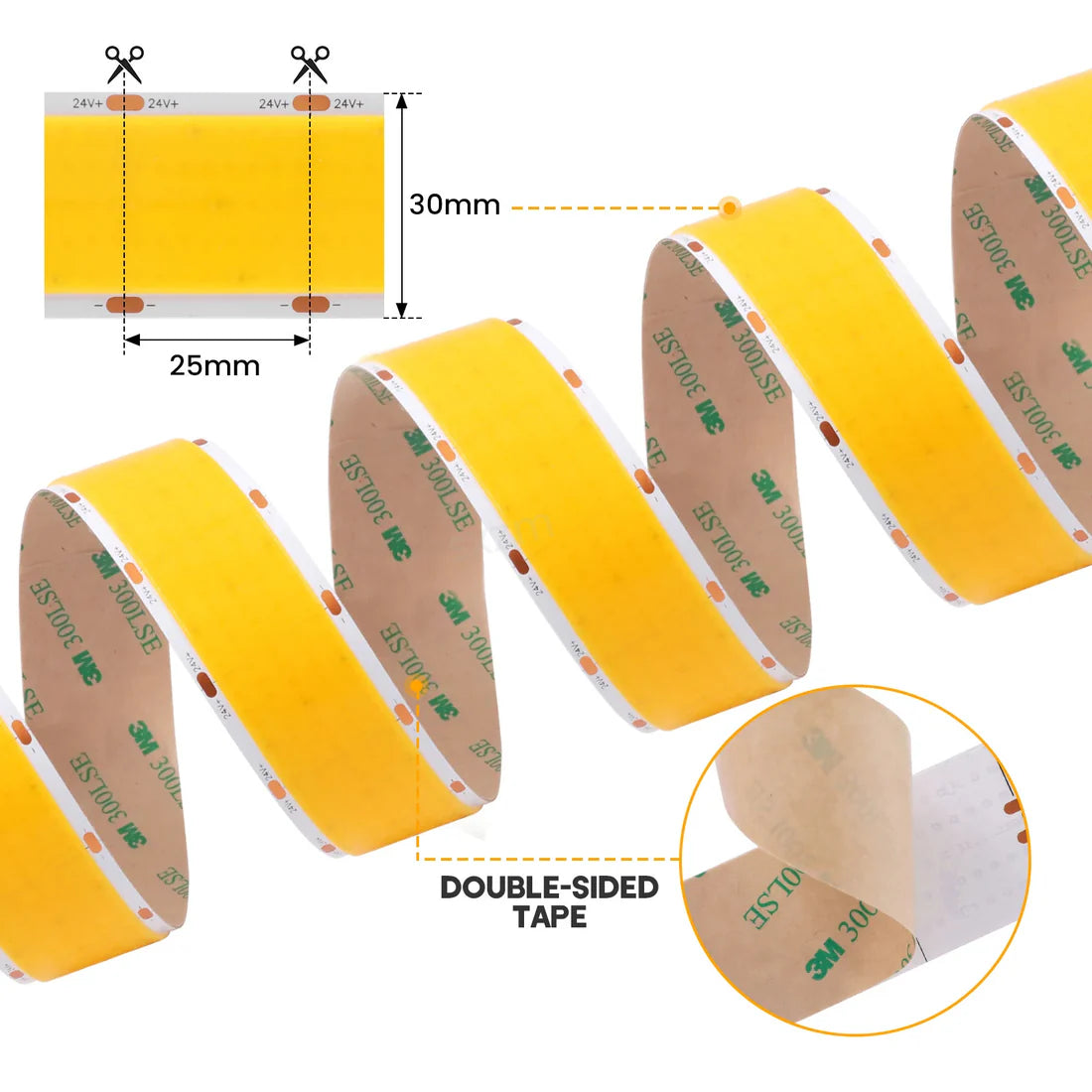 Five Row COB Flexible LED Strip Light - 24V | 30mm PCB | 1600 LEDs/M | CRI 90+ | Dot-Free Continuous Lighting | 3000K / 4000K / 6500K | Non-Waterproof | for Cabinets,Kitchen Office Lighting | 50/500M