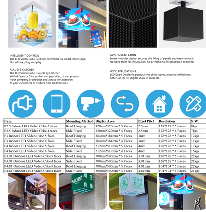 MGC-I Series P2.5 Indoor 5-Face Magic Cubic LED Display (320×320mm per face, GOB) – Ideal for Exhibitions & Brand Showcases