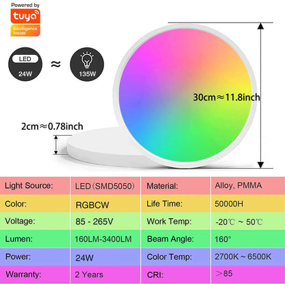 AC 220–240V | White Smart RGBCW Round Flush Mount LED Ceiling Lights – RGB Color Changing, 12 Inch 2700K–6500K Adjustable with Dimmable Brightness, Compatible with Alexa/Google Home/APP Control WiFi Light for Bedroom/Kids Room/Party