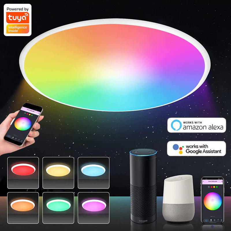 AC 220–240V | White Smart RGBCW Round Flush Mount LED Ceiling Lights – RGB Color Changing, 12 Inch 2700K–6500K Adjustable with Dimmable Brightness, Compatible with Alexa/Google Home/APP Control WiFi Light for Bedroom/Kids Room/Party