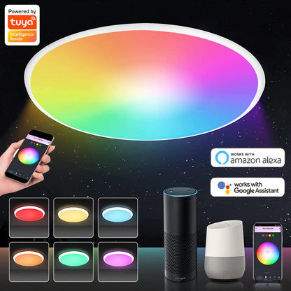 AC 220–240V | White Smart RGBCW Round Flush Mount LED Ceiling Lights – RGB Color Changing, 12 Inch 2700K–6500K Adjustable with Dimmable Brightness, Compatible with Alexa/Google Home/APP Control WiFi Light for Bedroom/Kids Room/Party