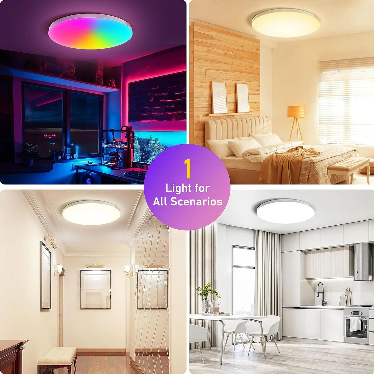 AC 220–240V | White Smart RGBCW Round Flush Mount LED Ceiling Lights – RGB Color Changing, 12 Inch 2700K–6500K Adjustable with Dimmable Brightness, Compatible with Alexa/Google Home/APP Control WiFi Light for Bedroom/Kids Room/Party